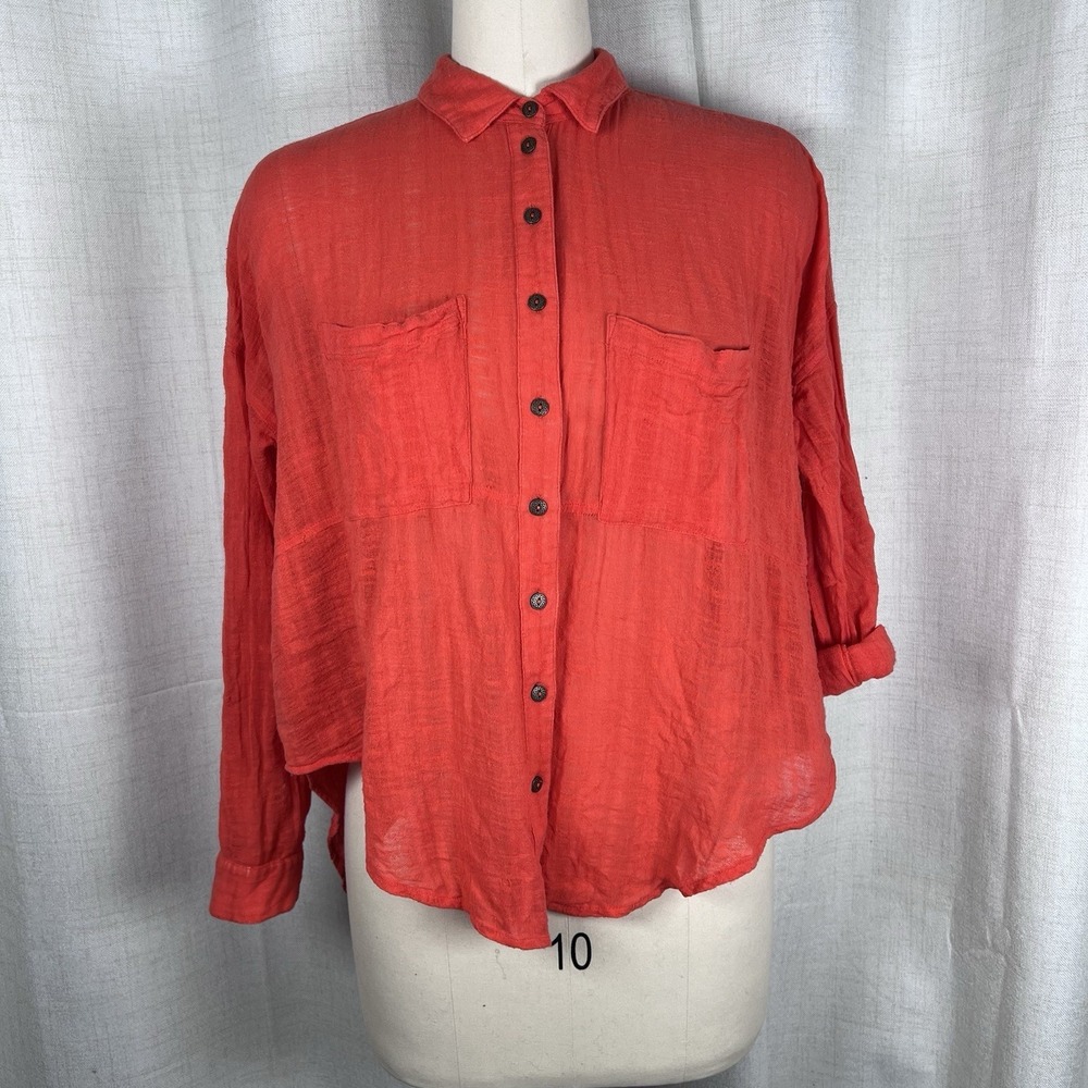 Free People Gauzy‎ Button Down Open Back Roll Tab Sleeve Top Fiery Red Small